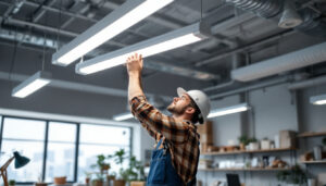 A photograph of a well-lit workspace featuring an 8-foot fluorescent light fixture in action