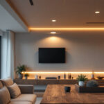 A photograph of a lighting contractor installing recessed fixtures in a modern residential setting