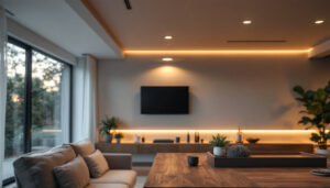 A photograph of a lighting contractor installing recessed fixtures in a modern residential setting