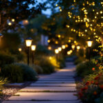 A photograph of a beautifully illuminated outdoor space featuring various styles of post solar lights in a garden or pathway setting during twilight