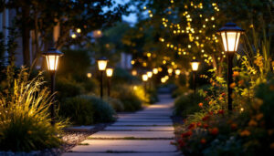A photograph of a beautifully illuminated outdoor space featuring various styles of post solar lights in a garden or pathway setting during twilight