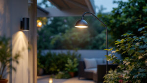 A photograph of capture a photograph of an elegant exterior gooseneck lamp illuminating a charming outdoor space at dusk