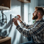 A photograph of a lighting contractor expertly installing or inspecting a washer dryer outlet in a well-lit laundry room