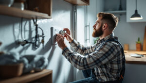 A photograph of a lighting contractor expertly installing or inspecting a washer dryer outlet in a well-lit laundry room