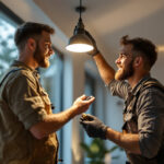 A photograph of a lighting contractor expertly replacing a can light in a modern home