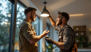 A photograph of a lighting contractor expertly replacing a can light in a modern home