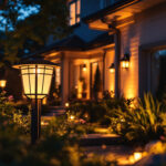 A photograph of a well-lit exterior of a home showcasing a variety of stylish and energy-efficient outdoor lamps
