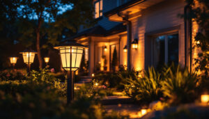 A photograph of a well-lit exterior of a home showcasing a variety of stylish and energy-efficient outdoor lamps