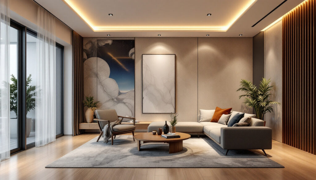 A photograph of a beautifully designed room featuring modern recessed lighting