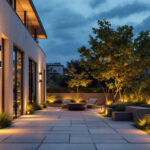 A photograph of a beautifully designed outdoor space illuminated by stylish energy-efficient light fixtures