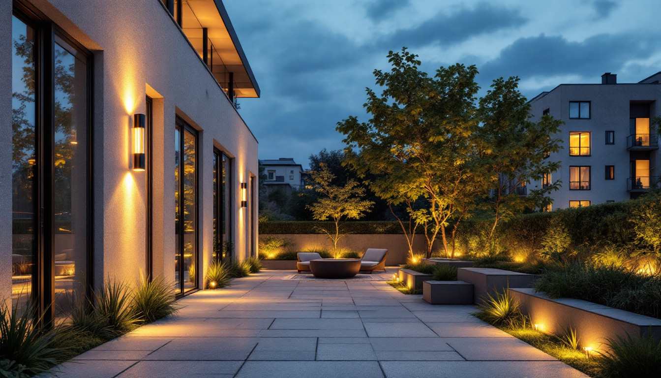 A photograph of a beautifully designed outdoor space illuminated by stylish energy-efficient light fixtures