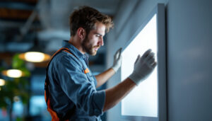 A photograph of a lighting contractor efficiently installing a 2x4 led panel in a commercial space