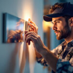 A photograph of a lighting contractor adjusting a stylish light dimmer switch in a modern home setting
