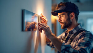 A photograph of a lighting contractor adjusting a stylish light dimmer switch in a modern home setting