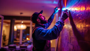A photograph of a lighting contractor skillfully installing keystone lights in a residential or commercial setting