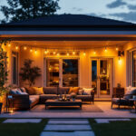 A photograph of a beautifully illuminated patio at dusk