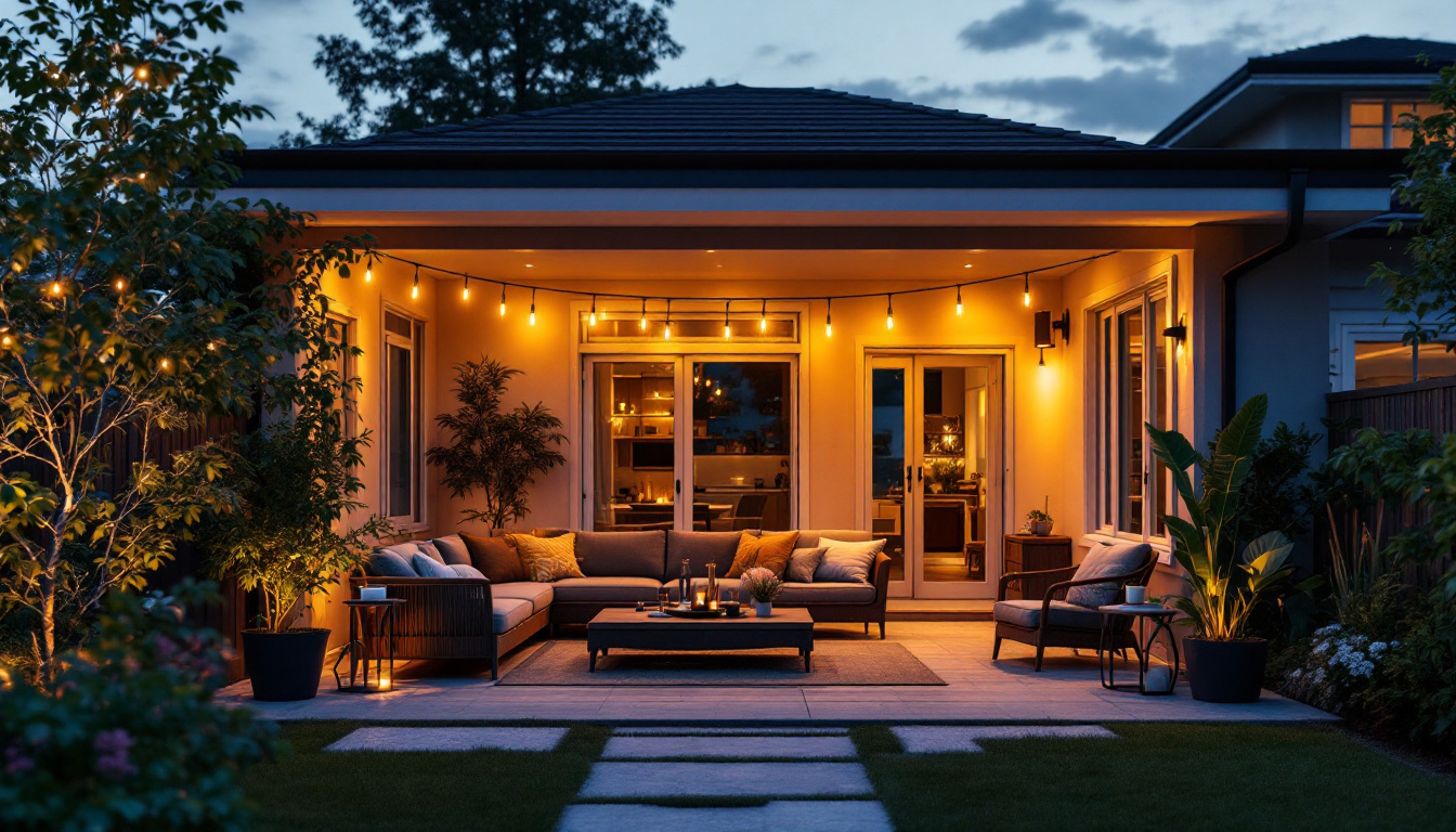 A photograph of a beautifully illuminated patio at dusk