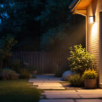 A photograph of a well-lit backyard scene featuring a sturdy light pole illuminating a pathway or sitting area