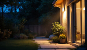 A photograph of a well-lit backyard scene featuring a sturdy light pole illuminating a pathway or sitting area