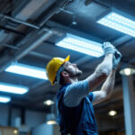 A photograph of a lighting contractor installing four-foot led light fixtures in a commercial space