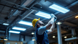 A photograph of a lighting contractor installing four-foot led light fixtures in a commercial space