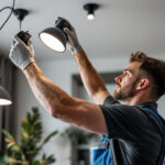 A photograph of a lighting contractor skillfully installing high hat lights in a modern residential space