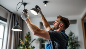 A photograph of a lighting contractor skillfully installing high hat lights in a modern residential space