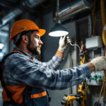 A photograph of a professional lighting contractor installing or inspecting an electrical box for a light fixture