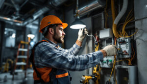 A photograph of a professional lighting contractor installing or inspecting an electrical box for a light fixture
