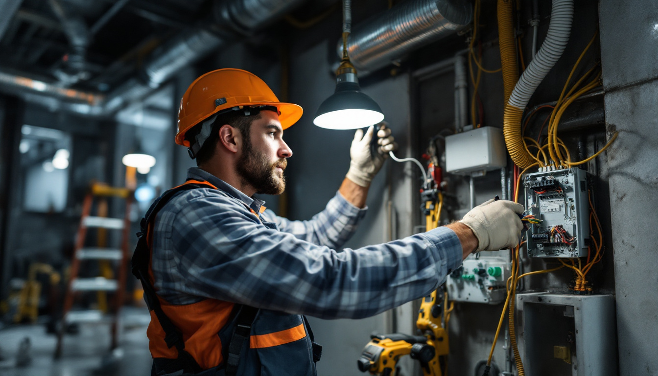 A photograph of a professional lighting contractor installing or inspecting an electrical box for a light fixture