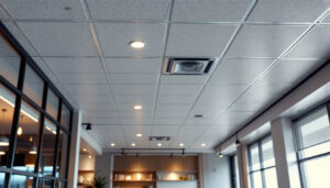 A photograph of a modern drop tile ceiling installation in a well-lit commercial space