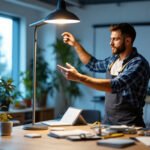 A photograph of a lighting contractor installing or showcasing a sleek 4-foot led lamp in a modern workspace