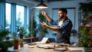 A photograph of a lighting contractor installing or showcasing a sleek 4-foot led lamp in a modern workspace