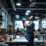 A photograph of a lighting contractor efficiently installing energy-saving fixtures in a commercial setting