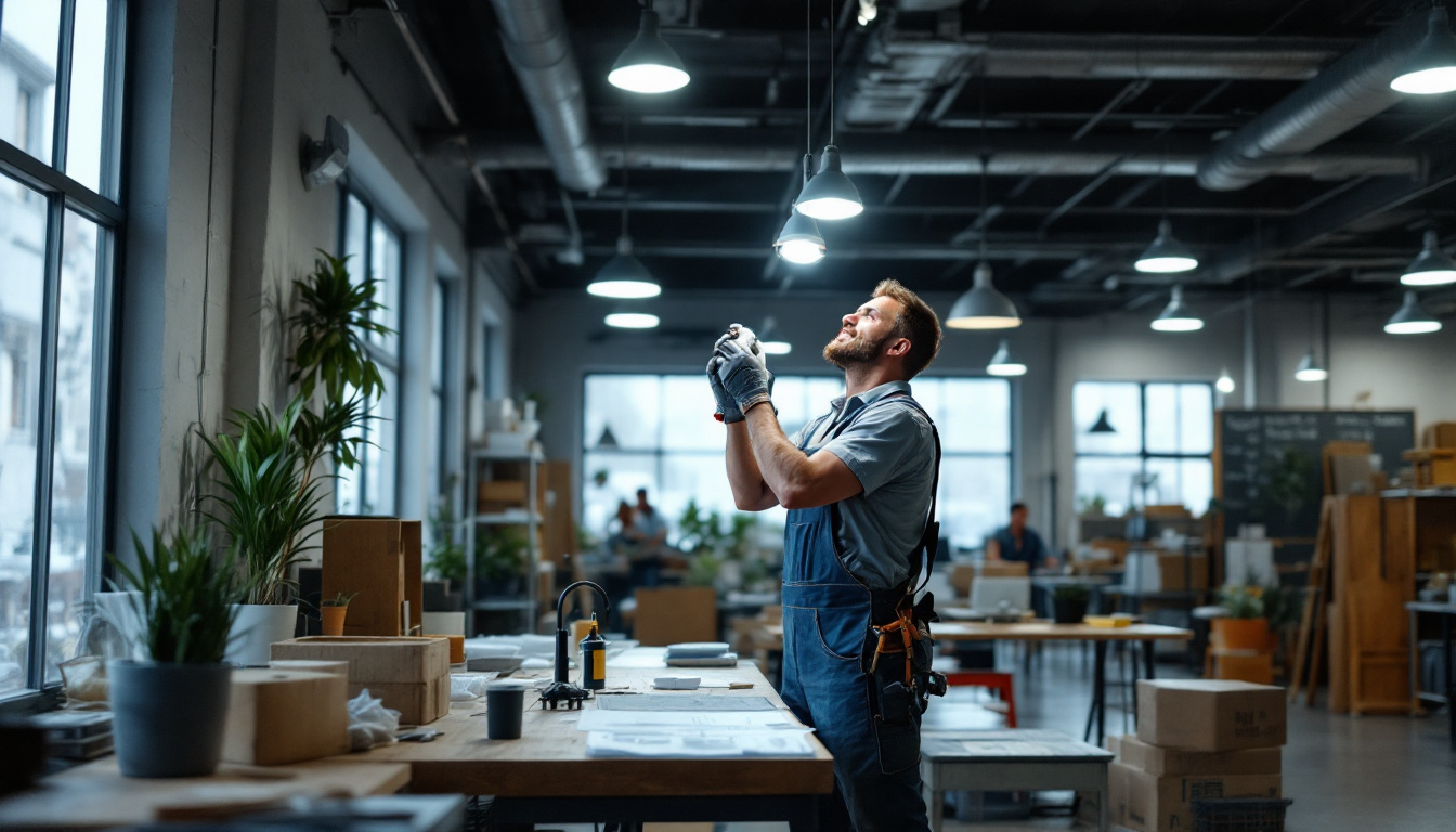 A photograph of a lighting contractor efficiently installing energy-saving fixtures in a commercial setting