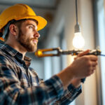 A photograph of a skilled electrician using a cable puller to install energy-efficient lighting in a modern setting