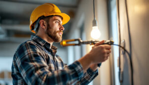 A photograph of a skilled electrician using a cable puller to install energy-efficient lighting in a modern setting