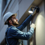 A photograph of a skilled lighting contractor installing or adjusting commercial exterior led lighting fixtures on a building facade
