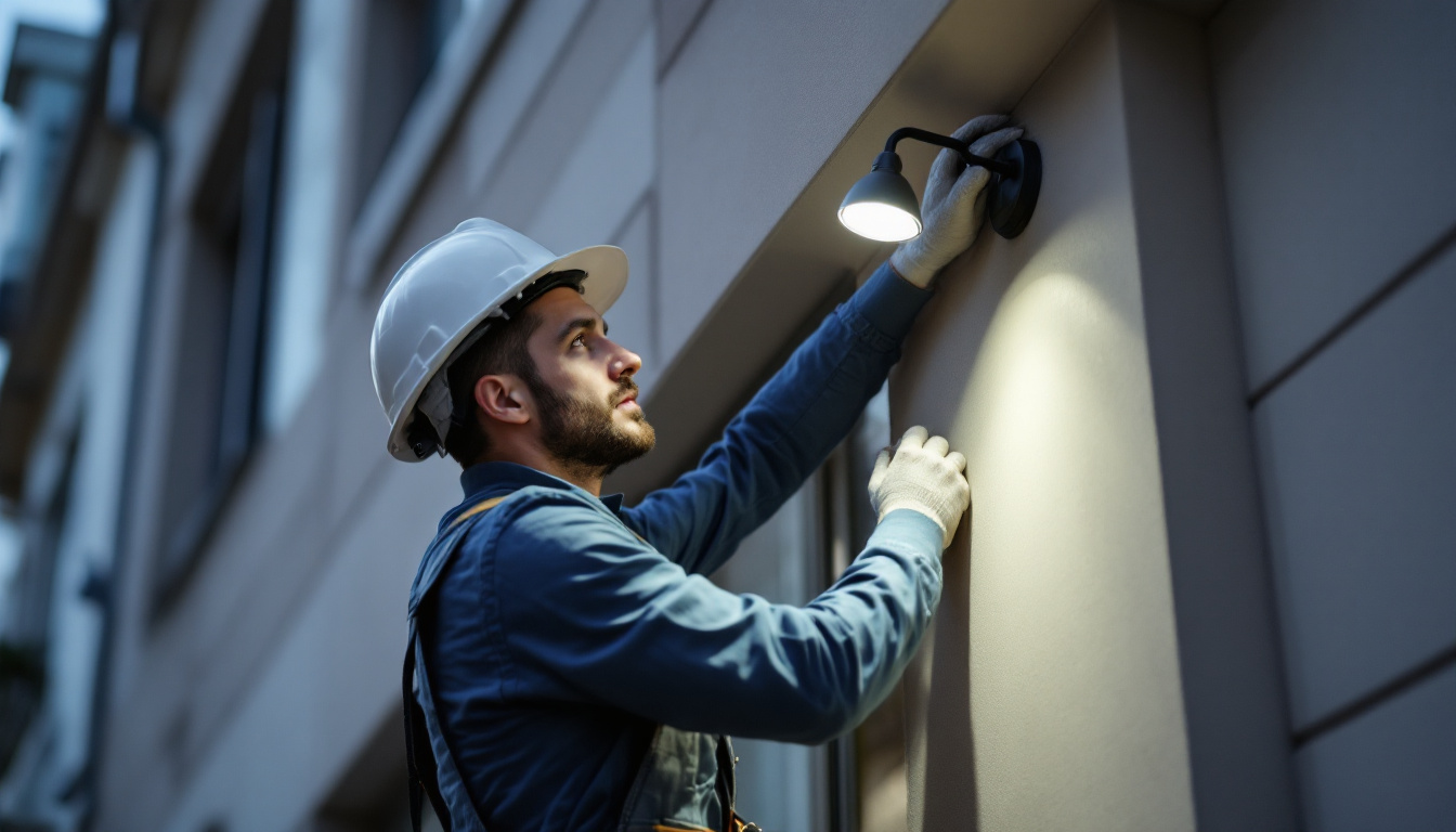A photograph of a skilled lighting contractor installing or adjusting commercial exterior led lighting fixtures on a building facade