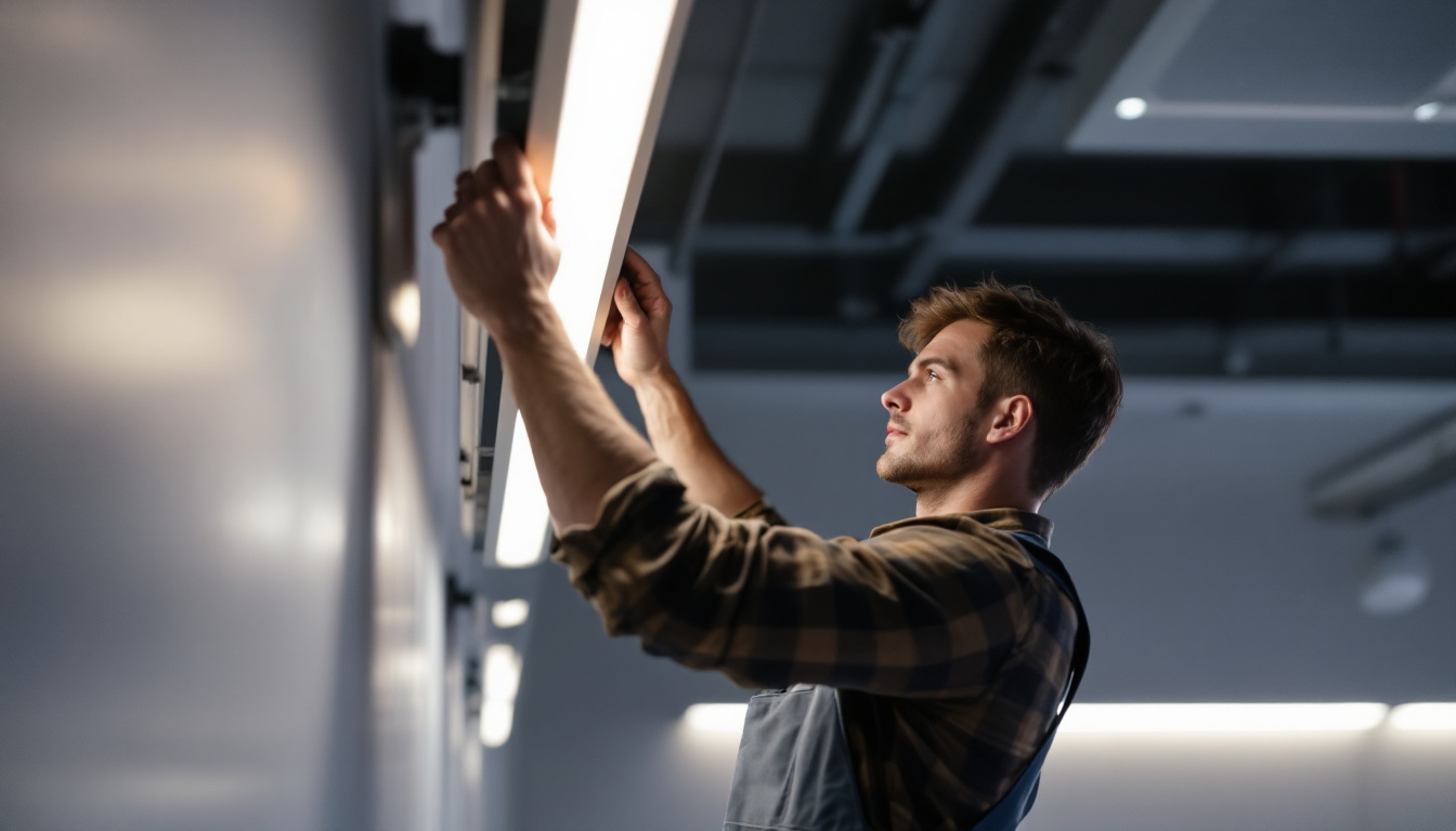 A photograph of a skilled lighting contractor installing or adjusting a sleek striplight in a modern interior space