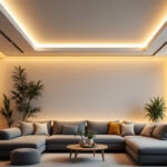 A photograph of a modern living space featuring sleek ceiling can lights