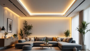 A photograph of a modern living space featuring sleek ceiling can lights