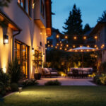 A photograph of a beautifully illuminated outdoor space at dusk