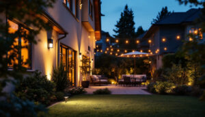 A photograph of a beautifully illuminated outdoor space at dusk