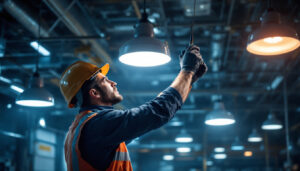 A photograph of a well-lit industrial space showcasing low bay led fixtures in action