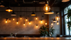 A photograph of a beautifully lit restaurant interior showcasing a variety of lighting fixtures and their effects on the ambiance