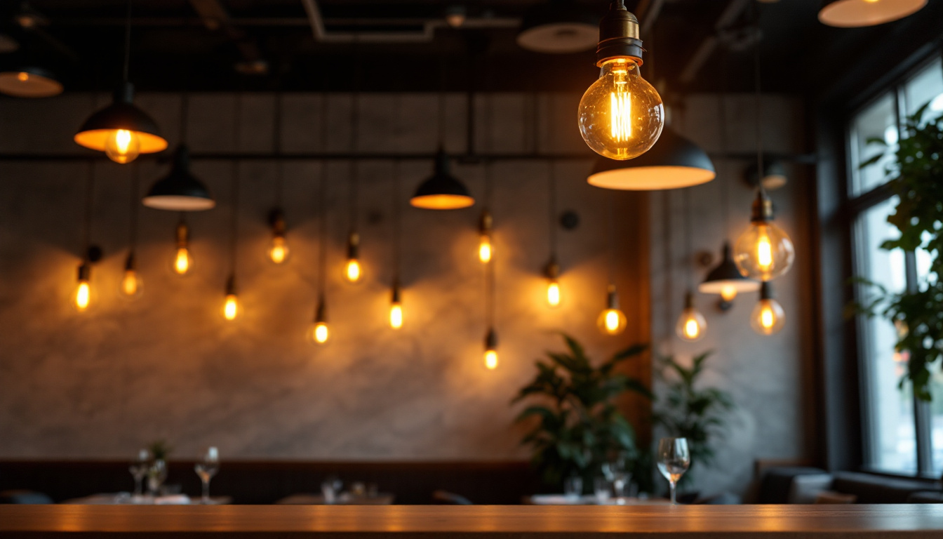 A photograph of a beautifully lit restaurant interior showcasing a variety of lighting fixtures and their effects on the ambiance