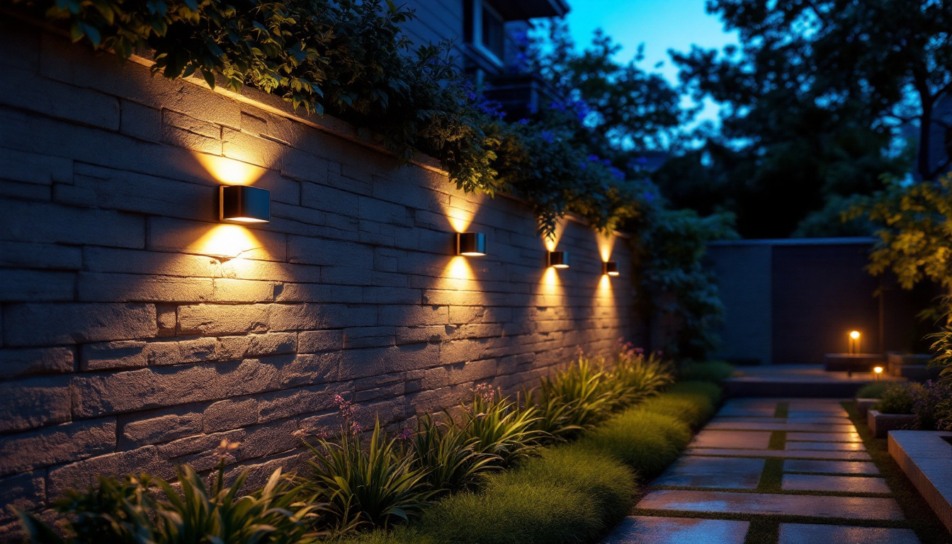 A photograph of a beautifully illuminated outdoor space featuring solar wall lights installed on a garden wall