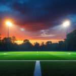 A photograph of a well-lit sports field at dusk