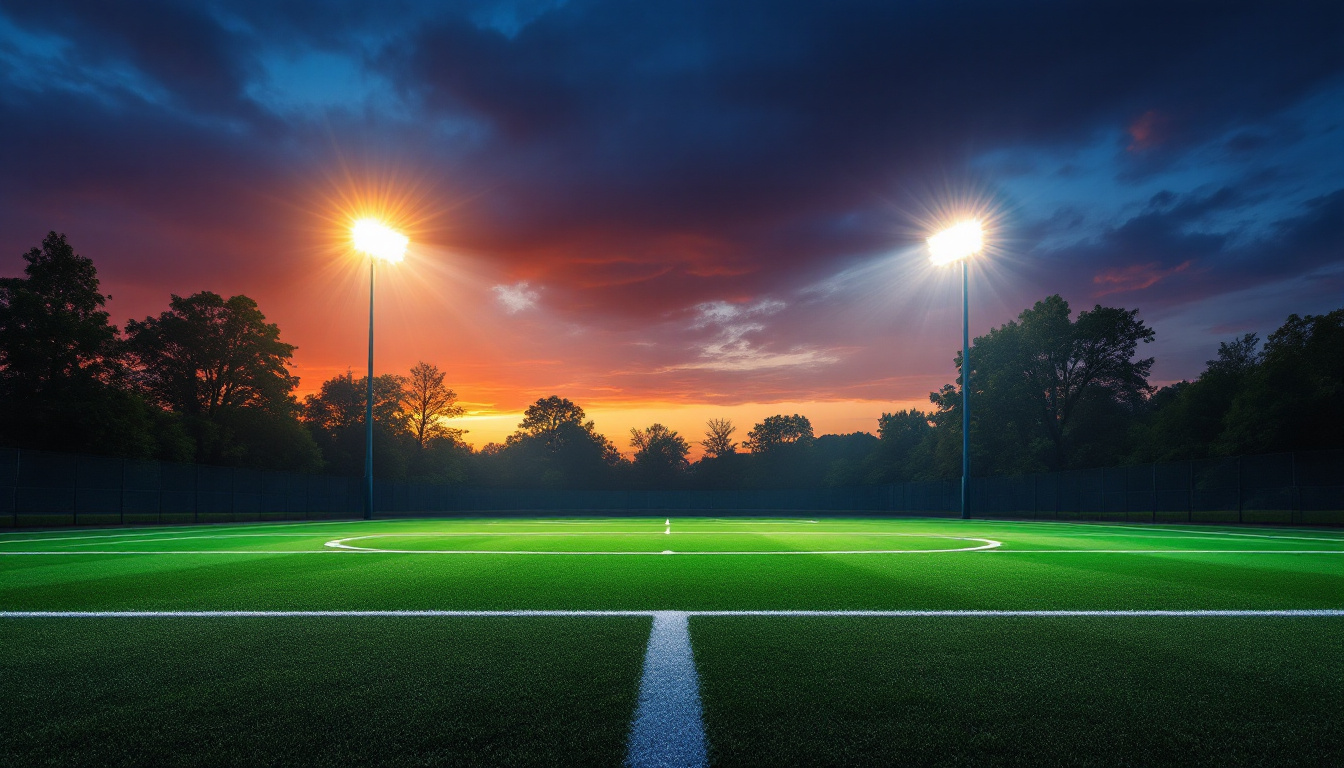 A photograph of a well-lit sports field at dusk
